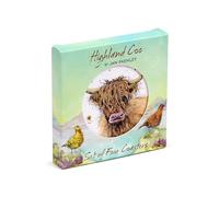Puckator Jan Pashley Highland Coo Set of 4 Cork Coasters - Wood Table Pub Drink Coasters Tiles Placemats - Bar Man Cave Accessories For Home - Desk Coaster Tile Slate - Dining Table Decor Drinks Mats