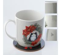 Puckator Kim Haskins Christmas Wreath Cat Porcelain Tea Coffee Mug & Coaster Set Funny Home Accessories Cute Gifts for Girlfriend Large Mugs Men Women Hot Drinks Cups Presents Secret Santa Gift