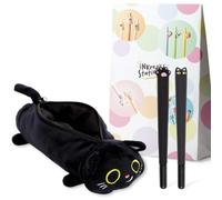 Puckator Lucky the Black Cat Plush Pencil Case & 2 Fine Tip Gel Pens Set | Soft Plush Storage, Smooth Black Gel Ink, Cat Lover Stationery Gift, Fun Cute Novelty Stationery Set