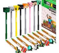 Puckator Minecraft Edition Pen | Ballpoint Fine Tip Pens with Silicone Character & Tool Themed Toppers | Smooth Quick-Dry Ink, Non-Smudge Stationery Fun Gift Set with Coloured Ink | Pack of 16
