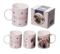 Puckator MUG184 Mug with Pug and Kisses Design - Fine Porcelain - White/Beige/Black