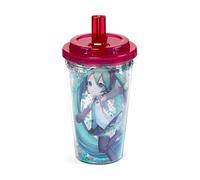 Puckator Shatterproof Hatsune Miku Double Walled Cup & Straw - Insulated Tumbler - Cups with Lids and Straws for Adults Children - Travel Thermal Cup with Straw - Water Bottles with Staw