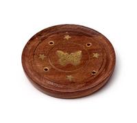 Puckator Sheesham Wood Round Ashcatcher Incence Burner with Butterfly Inlay - Zen Spiritual Modern Gothic Home Room Decor Decorations - Meditation Accessories Stick Sticks Cone Holder Burner Burners