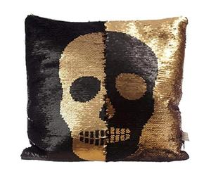Puckator Skull Two Tone Reversable Sequin Cushion, Black And Gold Fun Design For Bedroom, Living Room, Sofa, Home Décor 39x38x13cm Polyester And Sequin
