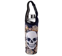 Puckator Skulls & Roses Glass Water Bottle with Protective Sleeve - Reusable Insulated Active Water Bottle Flask For Girls And Boys With A Carry Handle & Straw - Bpa Free - For School Nursery