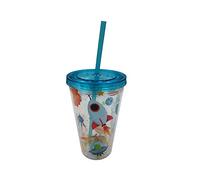 Puckator Space Cadet 500ml Double Walled Reusable Cup with Straw and Lid - Insulated Tumbler - Cups with Lids and Straws for Adults Children - Travel Thermal Cup with Straw - Water Bottles with Staw