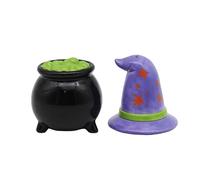 Puckator Spooky Witches Hat & Cauldron Ceramic Salt & Pepper Set - Refillable Salt & Pepper Spice Shaker Cruet Sets Pot UK - Black White Pink Kitchen Accessories Set - Dispenser Mill Mills
