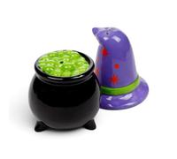 Puckator Spooky Witches Hat & Cauldron Ceramic Salt & Pepper Set - Refillable Salt & Pepper Spice Shaker Cruet Sets Pot UK - Black White Pink Kitchen Accessories Set - Dispenser Mill Mills