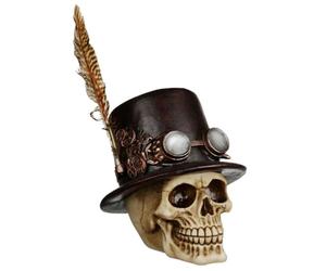 Puckator Steampunk Style Skull with Top Hat and Feathers - Home Decoration - Steampunk Skul - Ornaments - Resin - Home Accessories - Living Room Accessories - Human Skeleton - Goth Gifts For Men