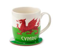 Puckator Wales Welsh Dragon Cymru Porcelain Tea Coffee Mug & Coaster Set - Funny Home Accessories - Cute Gifts for Girlfriend - Large Mugs for Men Women Hot Drinks - Cups Presents - Secret Santa Gift