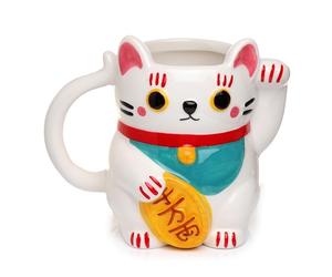 Puckator White Maneki Neko Lucky Cat Ceramic Shaped Tea Coffee Mug - Funny Home Accessories - Cute Gifts for Girlfriend - Large Mugs for Men Women Hot Drinks Cups Presents Secret Santa Gift Cup Set