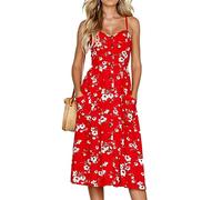 PUDANA Womens Crew Neck Patterned Midi Dress Spaghetti Strap Elegant Long Dress Two Pockets Vacation Sundress Red 2XL