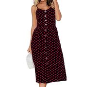 PUDANA Women's Swing Hem Spaghetti Strap Sundress Two Pockets High Waist Midi Dress Birthday Party Patterned Long Dress Red S
