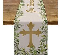 Pudodo Baptism Table Runner God Blessed First Communion Christian Cross Baby Shower Party Kitchen Dining Home Decoration (13" x 108", Green)