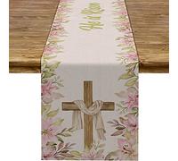 Pudodo He is Risen Table Runner Easter Christian Cross Resurrection Lily Spring Holiday Party Kitchen Dining Home Decoration (13" x 90")