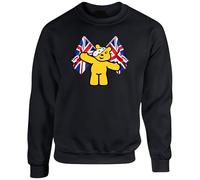 Pudsey Union Jack Flag Bear Charity Sweatshirt, Fundraising Pullover Jumper Children In Charity Need Spotty Day 2025 Unisex Jumper (Black, 12 Years)