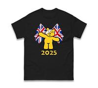 Pudsey Union Jack Kids School Unisex T-Shirt - Boys Girls Child Spotty Day Pudsey Cartoon Bear Children Need 2025 British Flag Gift Tee Top (Black, 9 Years)