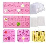 PUDSIRN 4Pack Silicone Lollipop Molds, Round Trays, Cherry Blossoms, Heart Chocolate Hard Candy Mold with 760Pcs Gold Ties, 200Pcs Lollipop Sticks, 100Pcs Lollipop Bags