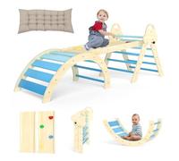 Puecrof 7-in-1 Montessori Climbing Triangle with Cushion - Wooden Climbing Toy for Toddlers 1-3 Years - Indoor Climbing Arch with Slide, Ladder & Play Arch (Blue)