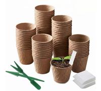 Puedno 100pcs 8CM Round Biodegradable Organic Fibre Seedling Pots with 100 Plant Labels 2 Mini Gardening Tools, Paper Small Plant Pots for Seedling and Transplanting, Suitable for Garden Greenhouse