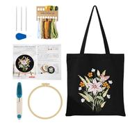 Puedno Embroidery Tote Bag Kits, Beginners Cross Stitch Canvas Bag with Floral Pattern, DIY Embroidery Tote Bag Kit with Hoop Threads Instructions, Lily