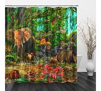 PUEENOD Tropical Rainforest Shower Curtain Animals Shower Curtain Safari Shower Curtain Jungle Giraffe Lion Leopard Flamingo Monkey Zebra Elephant Kids Curtain Sets 70x70 inches with Hooks (Color1)