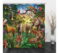 PUEENOD Tropical Rainforest Shower Curtain - Safari & Jungle Animals - Giraffe, Lion, Leopard, Flamingo, Monkey, Zebra, Elephant - Kids Curtain Set - 70x70 inches with Hooks (Color2)