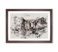 Puente Nuevo Bridge in Spain Watercolour Framed Print | A2 Walnut Framed Wall Art | Ready to Hang | Modern Cityscape Picture | Living Room Bedroom Lounge Office