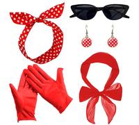 PUERFOCA 5 PCS 50s Costume Accessories, 1950s Fancy Dress Kit, Cat Eye Glasses, Polka Dot Bandana Tie Headband Earrings, Red Gloves, Grease Fancy Dress for Women Ladies 1950s Retro Party Decor