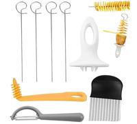 PUERFOCA 8 Pcs Potato Spiral Cutter Set, Stainless Steel Potato Slicer, Reusable Spiral Slicer Set with Peeler and Wave Potato Slicer for Parties, Barbecues and Camping