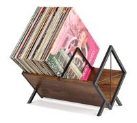 PUERSI Vinyl Record Storage Rack, 80 LP Record Storage Holder, 1 Tier Vinyl Display Shelf with Adjustable Divider, Organizer for Albums, Magazine, Book, Files - Brown