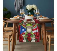 Puerto Rican Table Runner 13x70 inch Flag Themed Watercolor Flowers Cartoon Funny Frog Cotton Linen Dining Table Runner Ideal for Dresser Kitchen Coffee Tables - Machine Washable