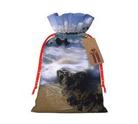 Puerto Rico Beach Printed Christmas Drawstring Bags,S | Reusable Xmas Gift Storage Bags, Red Christmas Ribbon