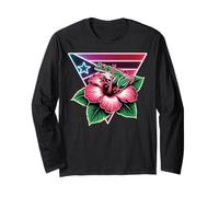 Puerto Rico Coqui Frog Hibiscus Flag Retro 80s Synthwave Long Sleeve T-Shirt