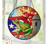Puerto Rico Coqui Frog Stained Glass Suncatcher - 8in Round Hanging Window Decor with Hibiscus Flower and Garita, Boricua Heritage Home Gift