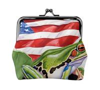 Puerto Rico Flag Frog Palm Trees Full Double-Sided Printed Pattern Women's and Girls' Fashionable Leather Kiss Lock Coin Purse Card Bag