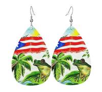 Puerto Rico Flag Frog Palm Trees Leather Earrings For Women Dangle, Piercing Teardrop Earrings Lightweight Jewelry Gifts For Women Girls