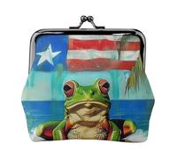 Puerto Rico Flag Frog Palm Trees Print Coin Purse for Women Cute PU Leather Kiss-lock Change Purse Wallet, Black, One Size, Pattern