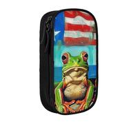 Puerto Rico Flag Frog Palm Trees Print Pencil Case, Large Capacity 2 Compartment Dual Zips Pouch, Premium Oxford Fabric Aesthetic Pencil case Stationery Organizer for Boys Girls Supplies Makeup Bag