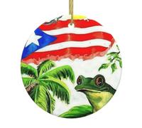 Puerto Rico Flag Frog Palm Trees Print Round Xmas Ornaments, Christmas ceramic pendant Hanging for Xmas Tree Home Indoor Outdoor Decor