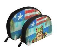 Puerto Rico Flag Frog Palm Trees Print Small Purses 2Pcs Portable Coin Purse Makeup Bag Soft Vacation Pouch Change Holder Wallet with Zipper Portable for Shopping Travel Party Cosmetic Bag