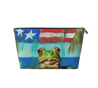 Puerto Rico Flag Frog Palm Trees Printed Travel Cosmetic Bags with Silver Zipper Makeup Organizer Cosmetic Case Toiletry Bag for Women Mom Girls