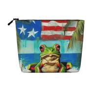 Puerto Rico Flag Frog Palm Trees Printed Travel Makeup Bag Imitation Linen Cosmetic Bags Waterproof Cosmetic Case Organizer for Women