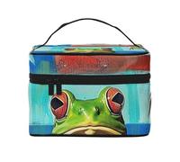 Puerto Rico Flag Frog Palm Trees Printed Travel Makeup Bag Spacious Portable Cosmetic Organiser with Handle, Large Capacity Toiletry Bag, Gift for Women Girls
