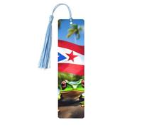 Puerto Rico Flags Frog Palm Trees 5 Pc Artistic Bookmark Set for Women, Tassel Wooden Bookmarks Study Supplies