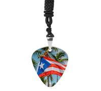 Puerto Rico Flags Frog Palm Trees Guitar Pick Holder Necklace Stainless Steel Music Pendant with Adjustable 60cm Cord Functional Jewelry for Guitarists & Music Lovers, Unisex Hip Hop Punk Accessory