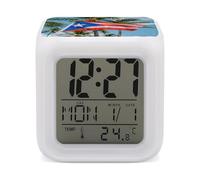 Puerto Rico Flags Frog Palm Trees Night Light Alarm Clock LED Display Alarms for Bedroom Smart Digital Alarm Clock Wtih 7 Colorful Ambient Lights Sleep Timer for Heavy Sleepers Simple Operation
