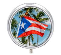 Puerto Rico Flags Frog Palm Trees Pill Box Portable Pill Organizer with 3 Compartment and Small Mirror Travel Pillcase for Pocket Or Purse Round Medicine Organizer Decorative Vitamin Organizer