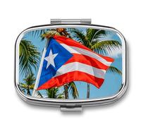 Puerto Rico Flags Frog Pill Box, Palm Trees 2 Compartments, Portable Pill Organizer for Pocket or Purse, Decorative Metal Medicine and Vitamins Organizer