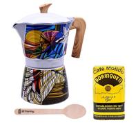 Puerto Rico Greca de Cafe Gift Set | Boricua Art Stovetop Coffee Maker & Moka Pot | with Authentic Cafe Borinquen | Cafetera, 6 Espresso Cups